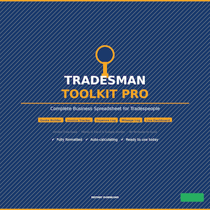 May include: A digital business spreadsheet template titled TRADESMAN TOOLKIT PRO on a dark blue background with diagonal lines. It features sections for Quote Builder, Invoice Tracker, Expense Log, Mileage Log, and Live Dashboard, with text indicating it works in Excel and Google Sheets.