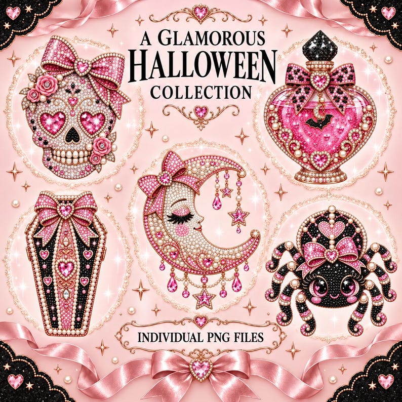 Rhinestone Coquette Halloween Clipart Bundle, Pink Ghost Pumpkin Witch ...
