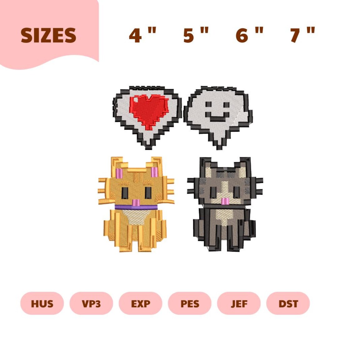 Pixel Cat Embroidery Design Bundle, 8 Bit Kitty, Retro Gaming Style ...