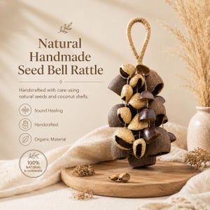 May include: A natural handmade seed bell rattle featuring dark brown coconut shell segments and light tan seeds suspended from a woven fibre loop. The text reads Natural Handmade Seed Bell Rattle, Handcrafted with care using natural seeds and coconut shells.