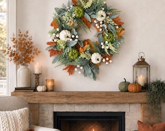Può includere: Una ghirlanda autunnale circolare con fogliame verde e arancione, bacche bianche e piccole zucche verdi e bianche. La ghirlanda è composta da un mix di foglie strutturate, rametti di verde e zucche decorative disposte a cerchio.