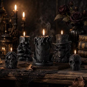 Puede incluir: Una colección de cinco velas negras con mechas encendidas, con intrincados diseños de calaveras, una cara de calabaza central y una calavera con sombrero de copa. Las velas están dispuestas sobre una superficie de madera oscura con hojas secas.