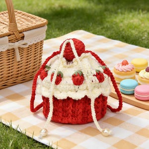 Handmade Crochet Strawberry Cake Drawstring Bag: Gift for Girlfriend Wife