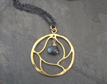 Labradorite pendant, branch necklace, circle pendant, mixed metal,