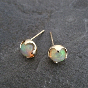 Ethiopian opal studs, 14k SOLID gold round studs, October birthstone jewelry, multi color cabochon,  genuine opal earrings, 7 mm