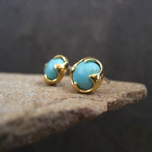 Turquoise studs, American turquoise, blue gemstone, genuine turquoise, turquoise posts, gold studs, 7 mm