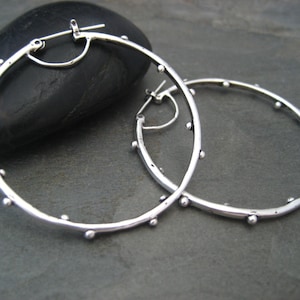 Silver hoop earrings, round medium hoops, dotted hoop earrings, circle earrings, oxidized hoops, hand crafted hoops, round hoops