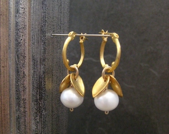 Pearl earrings, freshwater pearl, white pearl, leaf and pearl, small hoops, leaf earrings, June birthstone, pearl hoops, gold hoop, dangle