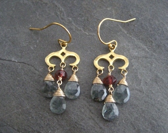 Moss aquamarine w garnet chandelier earrings, small statement earrings,  three tier dangle, briolette drops, genuine gemstones