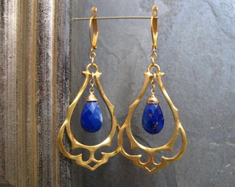 Lapis chandelier earrings, blue ornate dangle, gold statement earrings, genuine gemstone, fancy earrings, medium size