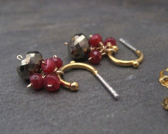 Ruby earrings, pyrite dangle, small hoops, cluster drop, mixed color, handmade jewelry, July birthstone