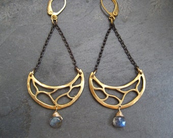 Labradorite earrings, chandelier earrings, statement earrings, half moon dangle, mixed metal earrings, black and gold, genuine labradorite