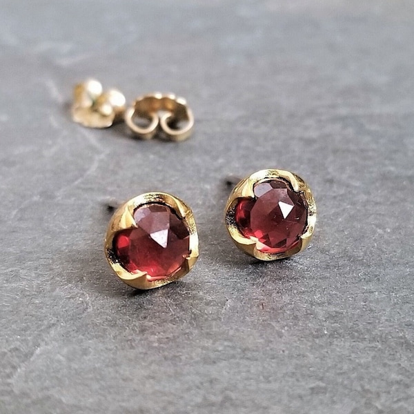 Garnet rose cut cabochon earrings in a gold or silver thorn setting, January birthstone, 6 mm red faceted genuine gemstone