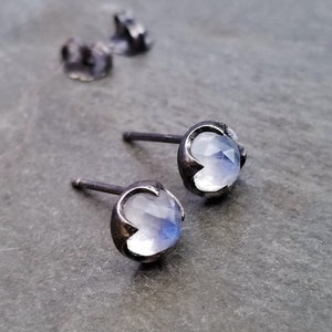 Moonstone stud earrings, black oxidized sterling silver, round rainbow moonstone, rose cut genuine gemstone, blue flash studs