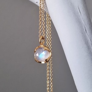 Moonstone necklace, 14k solid gold, dainty pendant, rose cut solitaire, rainbow moonstone, blue flash, blue gemstone, trending jewelry