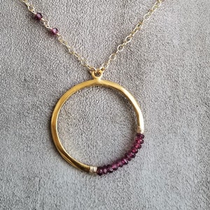 Rhodolite garnet crescent circle pendant, moon necklace, berry red faceted rondelle beaded necklace, gold and garnet image 1