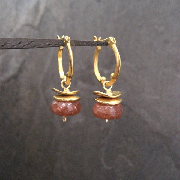 Sunstone dangle earrings, huggie hoops with rusty orange gemstone drops, dotted small hoops, satin gold finish