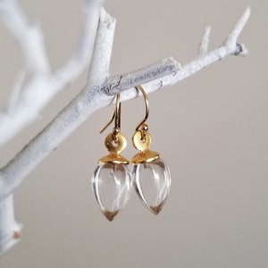 Rock crystal quartz inverted teardrop dangle earrings, crystal clear gemstone drops, satin gold finish, translucent earrings