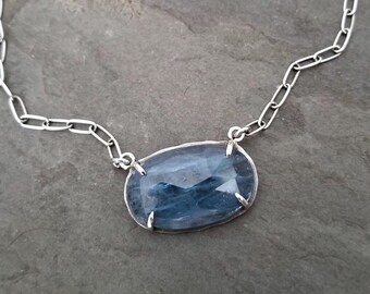 Blue kyanite pendant necklace with lightly oxidized sterling silver paperclip chain, sideways oval pendant