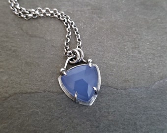 Blue chalcedony trillion shaped pendant necklace, oxidized silver claw setting, adjustable rolo chain, genuine gemstone