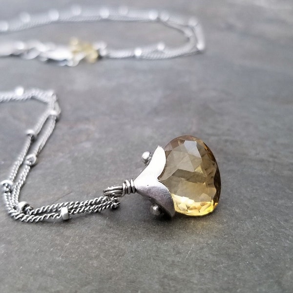 Citrine pendant necklace with sterling silver dotted cap suspended from an oxidized silver ball chain, November birthstone