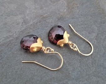 Deep red garnet dangle earrings with satin gold dotted caps, genuine faceted briolette gemstone drops