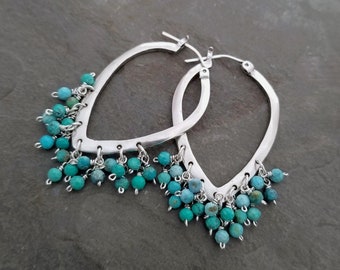 Turquoise dangle earrings, rounded V shaped silver hoops with drops, lightly oxidized