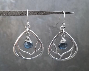 Branch cut out earrings, moss kyanite dangle, sterling silver triangular shaped earrings, genuine blue briolette gemstone