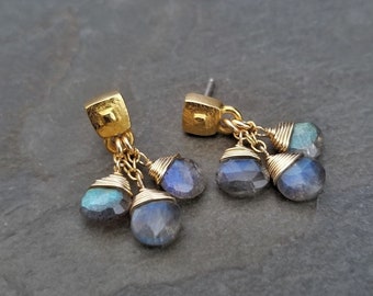 Labradorite earrings, small dangle, color flash, faceted labradorite, briolette cluster, tiered earrings, square studs, genuine labradorite