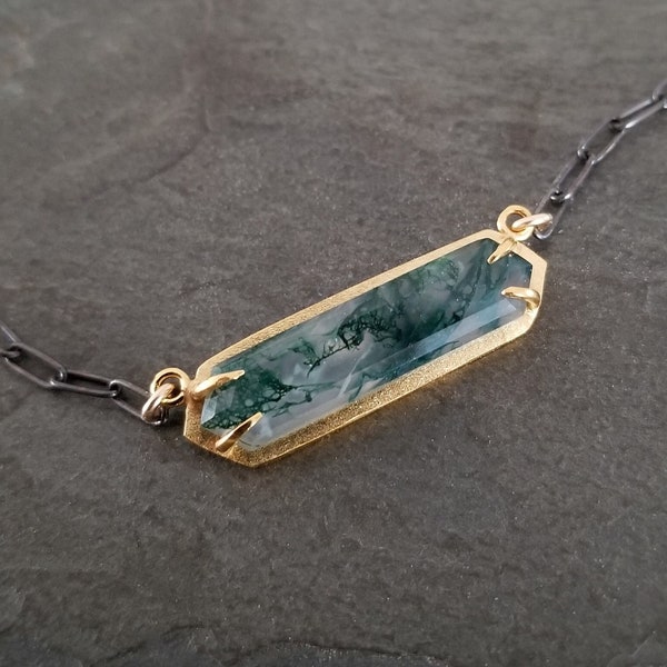 Moss agate pendant necklace, long elongated hexagon gemstone with mixed metal finish, paperclip chain