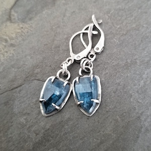Op de afbeelding: Een paar zilveren oorbellen met blauwe edelsteen accenten. De oorbellen hebben een traanvormige steen die in een zilveren frame is gezet.