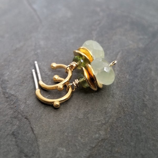 Prehnite peridot little hoop earrings, genuine gemstone dangle, double green rondelle bead drops, gold huggies