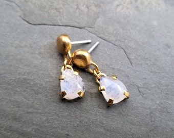 Moonstone dangle earrings, blue rainbow color flash, prong set rose cut gemstone, short drop, gold over silver