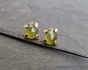 Vesuvianite stud earrings, olive green rose cut cabochons, free form shape, oxidized silver or gold prong setting