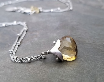 Citrine pendant necklace with sterling silver dotted cap suspended from an oxidized silver ball chain, November birthstone