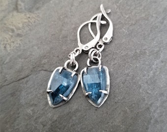 Kyanite dangle shield earrings in a claw prong setting with uneven edges, teal blue rose cut genuine gemstone and oxidized sterling silver