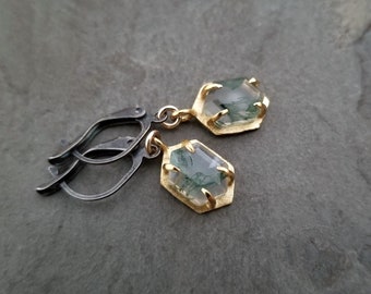Moss agate hexagon dangle earrings, claw setting, mixed metal jewelry