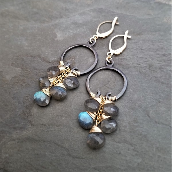 Labradorite dangle earrings, long cascading cluster briolette drops, mixed metal,  blue green flashes, gold black, circle statement earrings