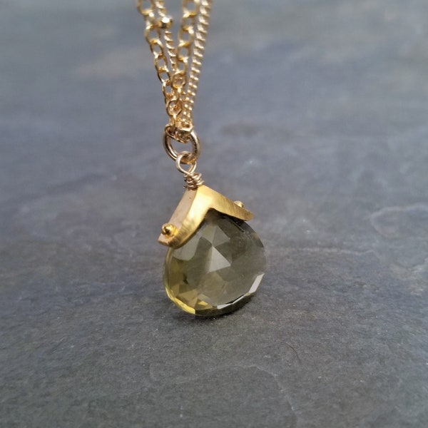Olive green quartz pendant necklace with double gold filled chain, faceted briolette with dotted cap in satin gold finish