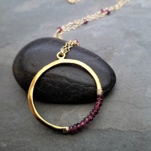 Rhodolite garnet crescent circle pendant, moon necklace, berry red faceted rondelle beaded necklace, gold and garnet image 4