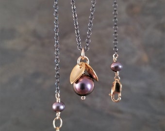 Mauve freshwater pearl and leaves pendant necklace, oxidized silver and gold, mixed metal