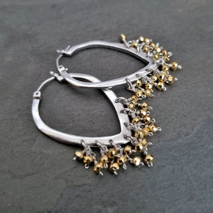 Golden pyrite dangle earrings, V shaped silver hoops with sparkly bead drops, mixed metal jewelry