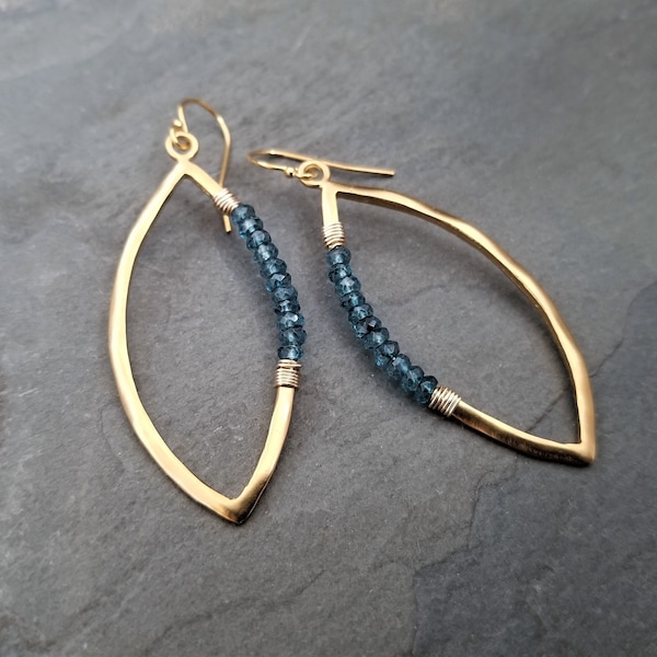Blue topaz marquise shaped earrings, blue faceted gemstone dangle,  uneven shaped wavy hoops, gold/blue earrings, satin finish