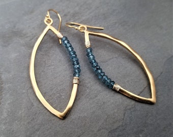 Blue topaz marquise shaped earrings, blue faceted gemstone dangle,  uneven shaped wavy hoops, gold/blue earrings, satin finish