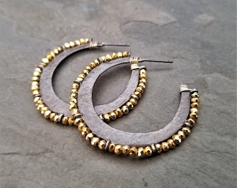 Golden pyrite crescent hoop earrings, beaded gemstone moon shape hoops, black and gold mixed metal