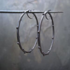 Hoop earrings, gunmetal hoops, dotted hoops, blossom earrings, medium size hoops, black oxidized, handmade
