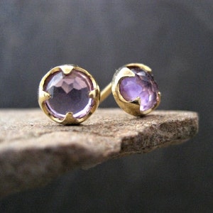 Amethyst stud earrings, rose cut cabochons, faceted amethyst, prong setting, round studs, February birthstone, gold and amethyst, 7 mm
