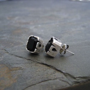 Black onyx studs, emerald cut, rectangle studs, silver and black, square studs, hand carved