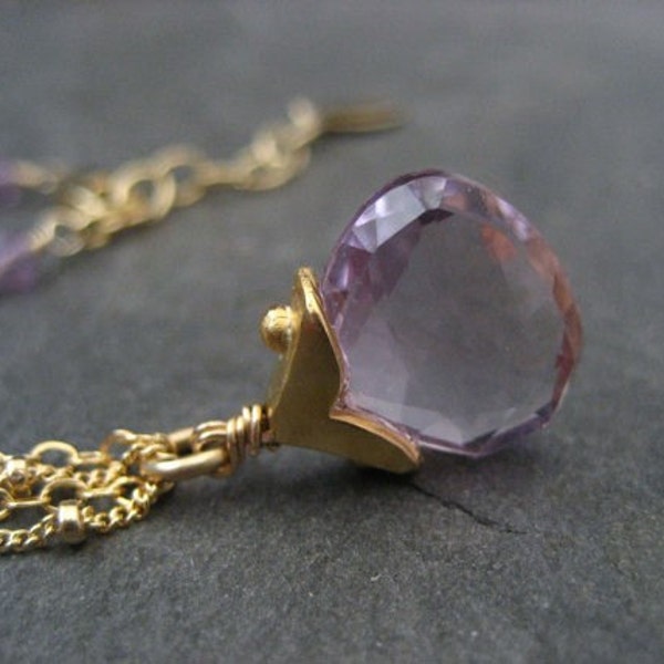 Amethyst necklace, pink amethyst, faceted briolette, dotted cap, double chain, genuine gemstone