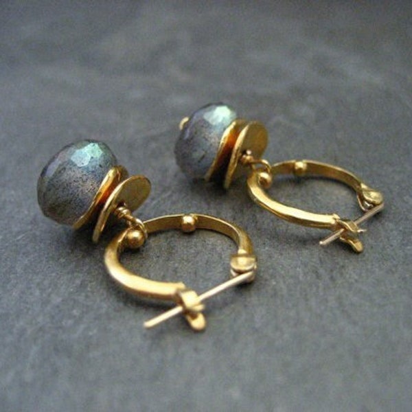 Labradorite small dotted hoop earrings, color flashes vary between greens/ blues or aqua's, satin gold finish